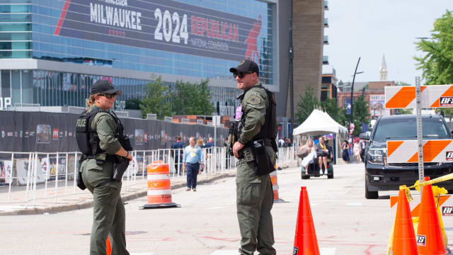 Miami police take security measures as Republican Party supporters arrive to the Fiserv Forum where the Republican National Convention (RNC) takes place in Milwaukee, Wisconsin