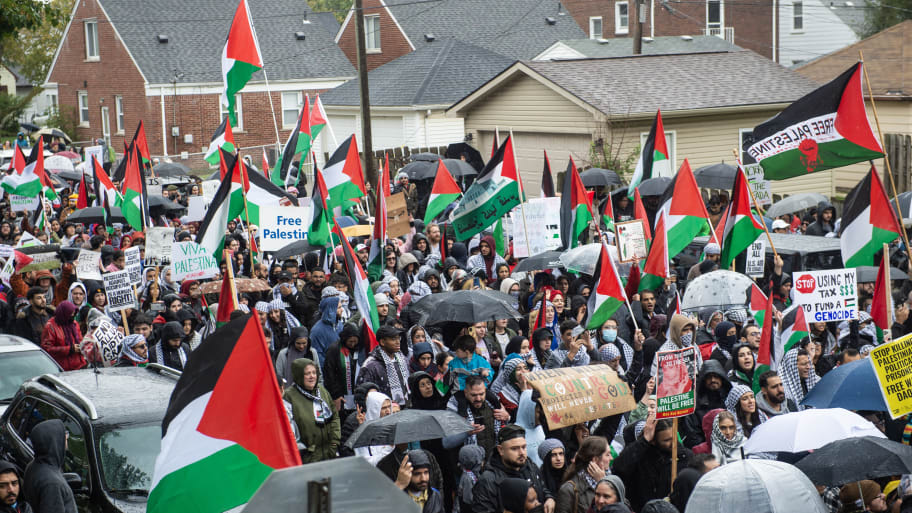 Residents of Detroit and the Arab Community of Dearborn march in support of Palestinians on October 14, 2023 in Dearborn, Michigan.