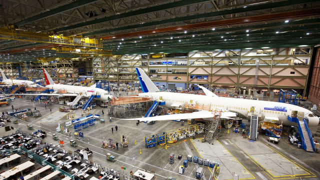 Bodies of Boeing 787s in a row in a factory