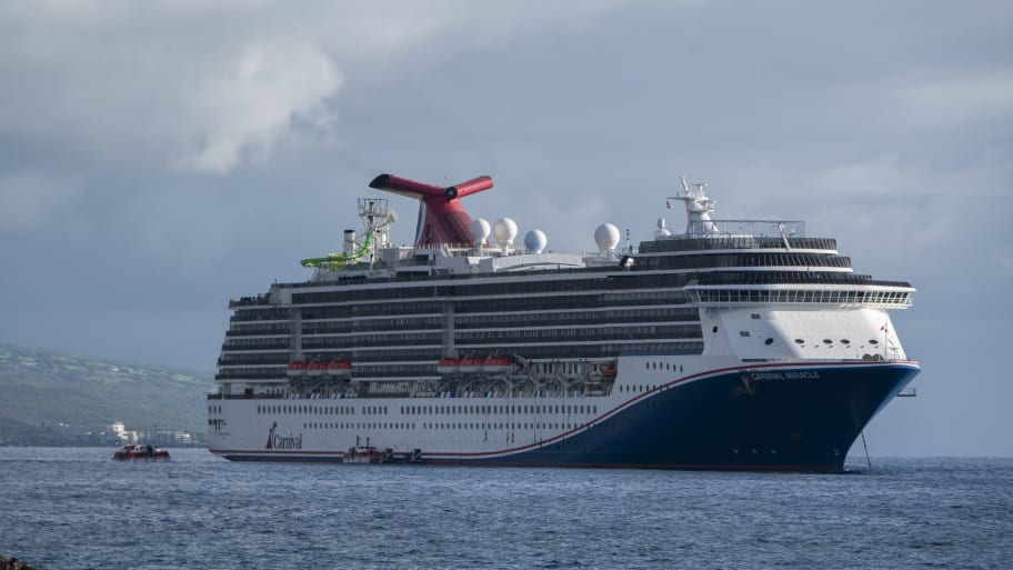The Carnival Miracle cruise ship is anchored in the Pacific Ocean near Kailua Bay during a 15-day cruise on January 14, 2024 in Kailua-Kona, Hawaii