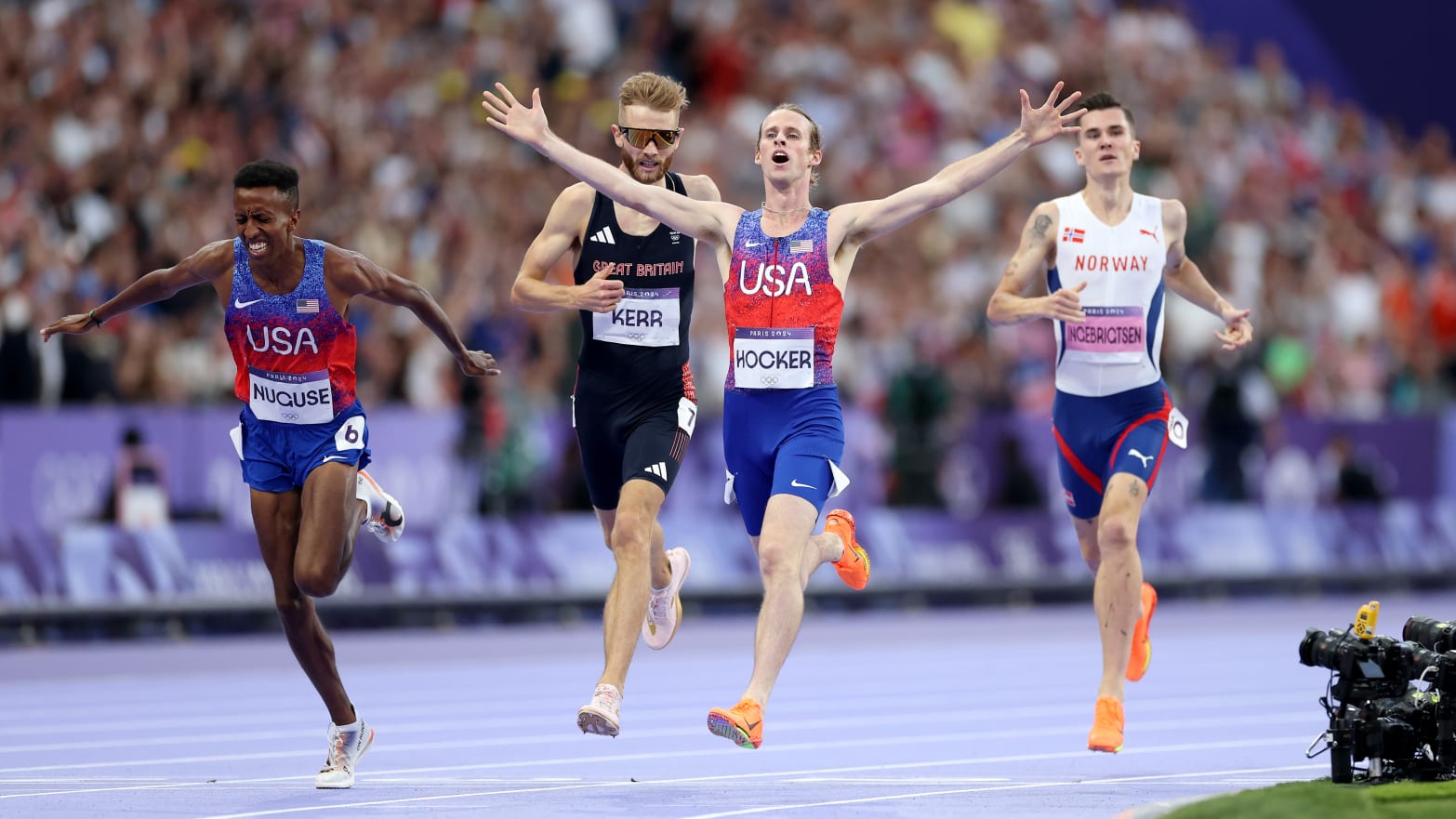 Cole Hocker crosses the finishing line in the men's 1500m