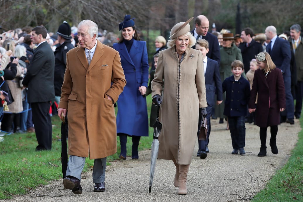 King Charles, Queen Camilla, Prince William, Kate Middleton, Prince George, Princess Charlotte, Prince Louis and Mia Tindall arrive to attend the Christmas Day service at St. Mary Magdalene's church, Sandringham, Dec. 25, 2023.