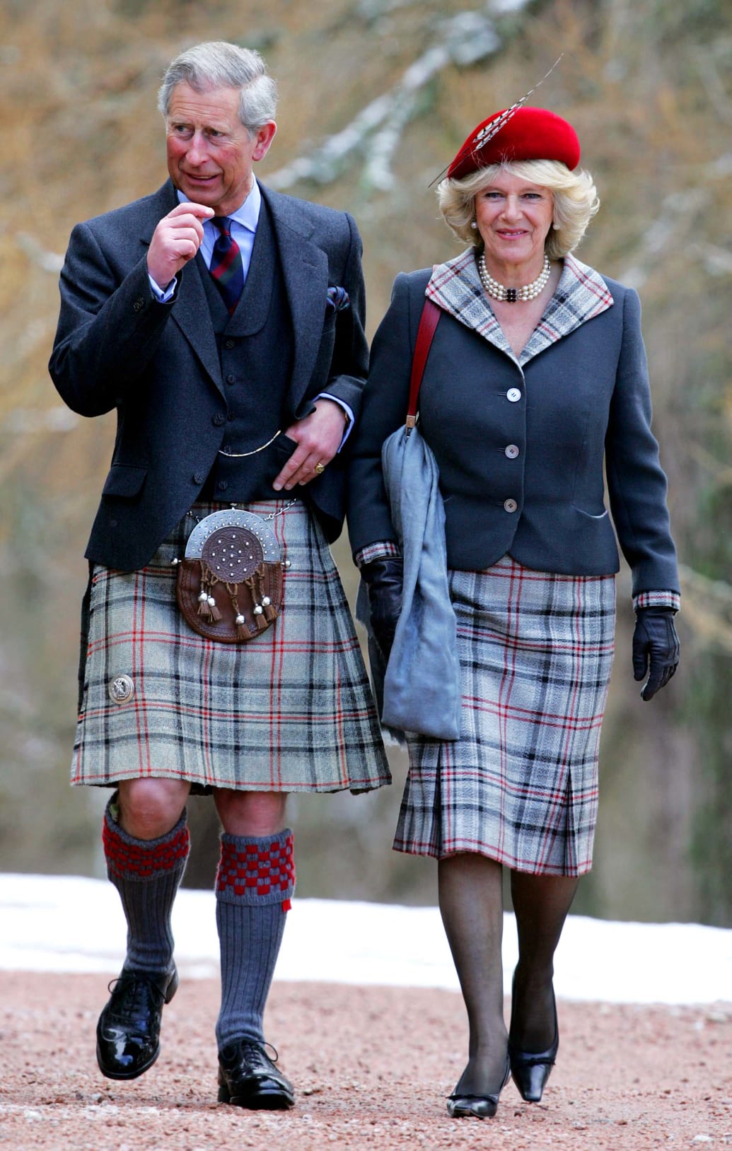 Britain's Prince Charles and his wife Camilla, Duchess of Cornwall, leave Crathie Church at Balmoral in Scotland, after attending a service on their first wedding anniversary, April 9, 2006.
