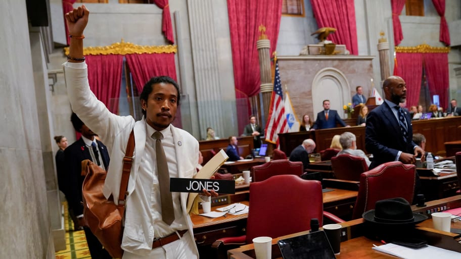 Justin Jones carries his name tag after a vote at the Tennessee House of Representatives to expel him for his role in a gun control demonstration at the statehouse last week, in Nashville, Tennessee, U.S., April 6, 2023. 