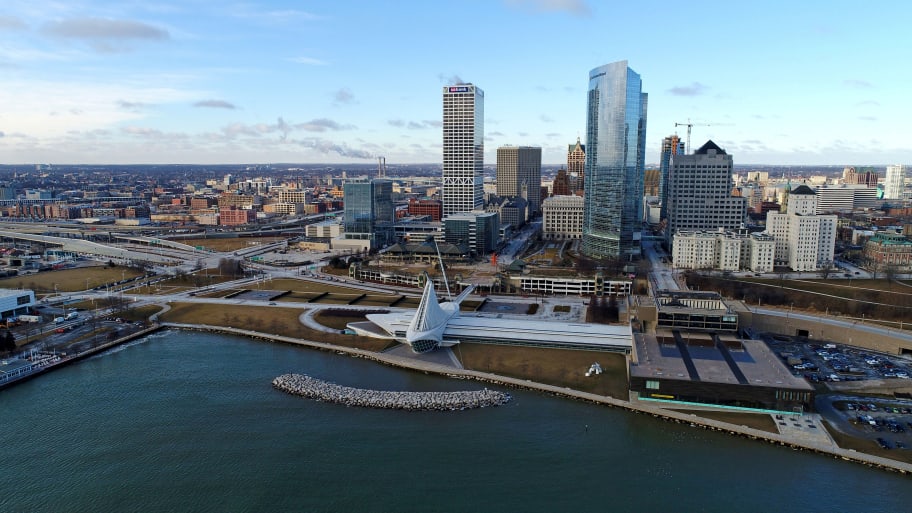 The Milwaukee Art Museum and city skyline are seen in an undated aerial photograph taken over the waterfront in Milwaukee, Wisconsin.