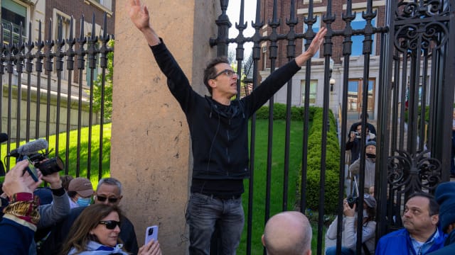 Assistant Professor Shai Davidai is denied access to the campus grounds during his pro-Israeili rally at Columbia University on April 22, 2024 in New York City.
