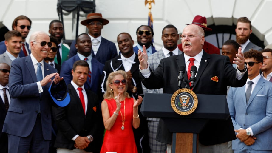 U.S. President Joe Biden applauds as Kansas City Chiefs Head Coach Andy Reid speaks during the team's visit to the White House to celebrate their championship season and victory in Super Bowl LVII, in Washington, U.S. June 5, 2023.