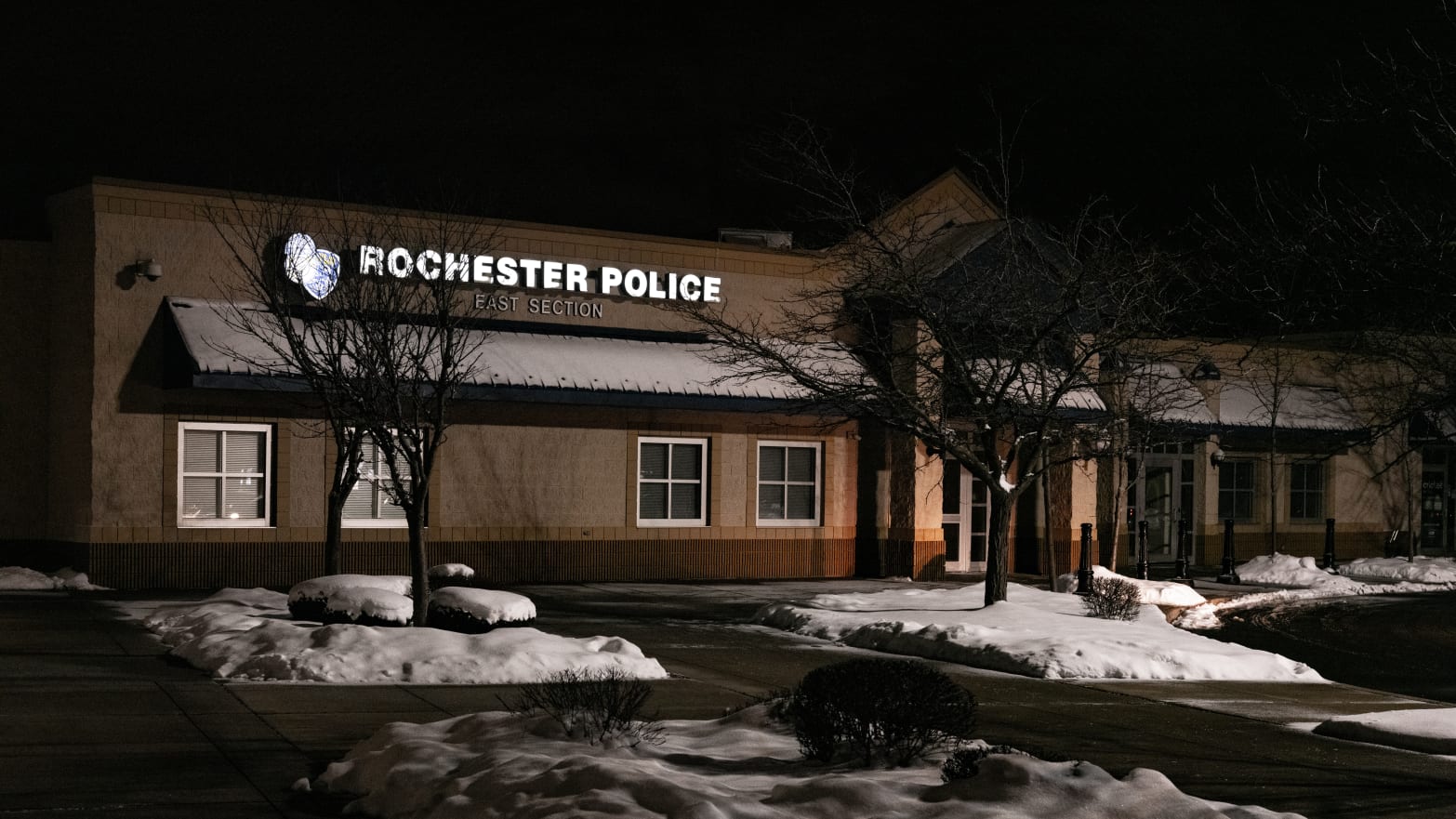 This police station in Rochester, New York around 8:00 PM on February 1, 2021.
