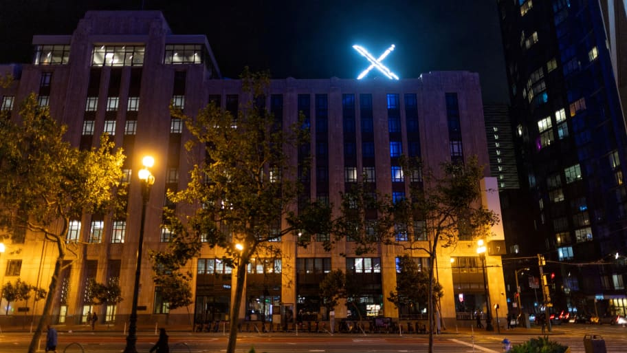 X logo is seen on the top of the headquarters of the messaging platform X, formerly known as Twitter.