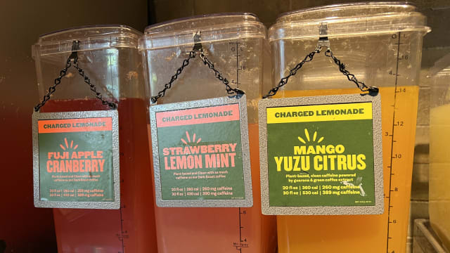 Dispensers for Charged Lemonade, a caffeinated lemonade drink, at Panera Bread, Walnut Creek, California, March 27, 2023.