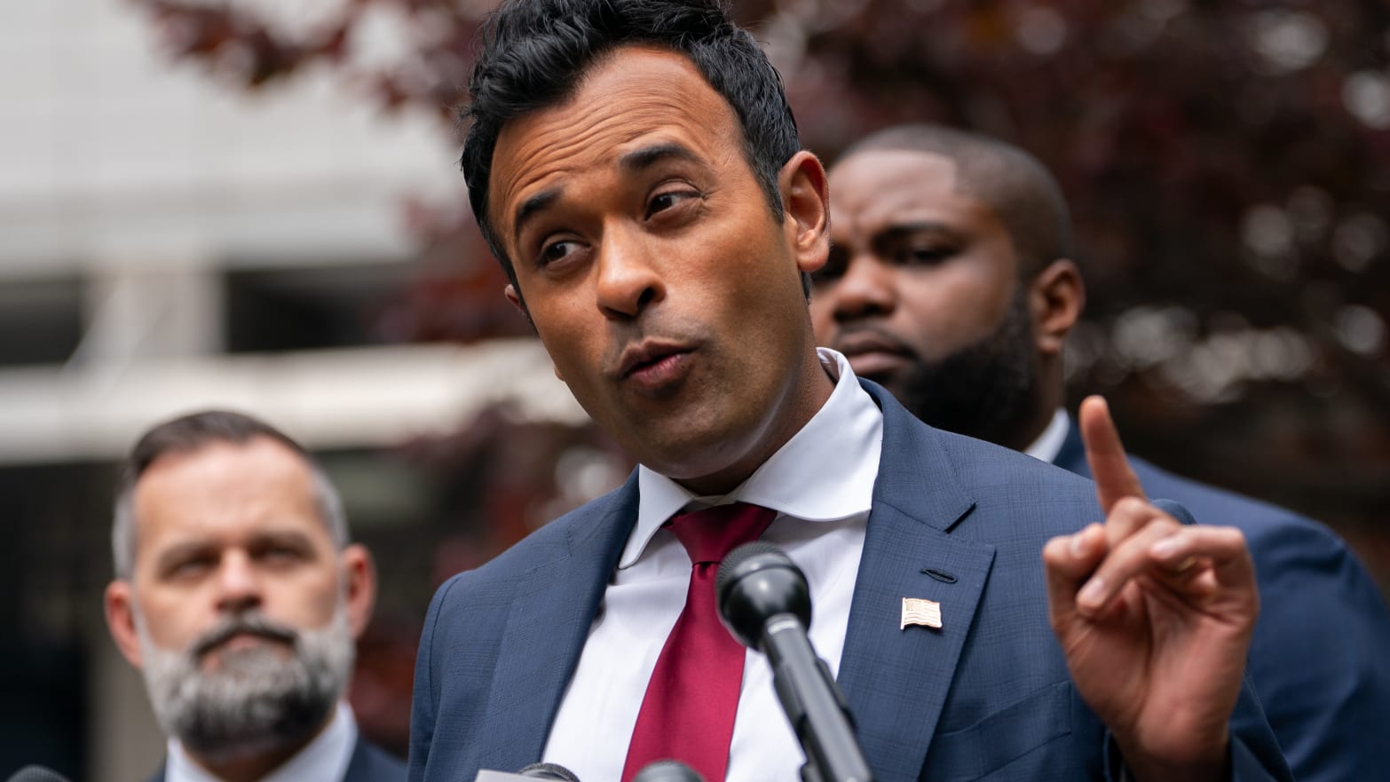  Former presidential candidate Vivek Ramaswamy addresses the media outside of Manhattan Criminal Court on behalf of former President Donald Trump on May 14, 2024 in New York City.