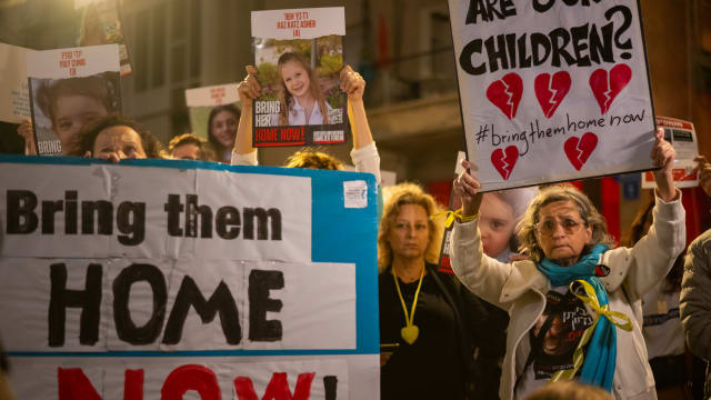 The parents and relatives of children kidnapped on October 7th, along with families of hostages and their supporters take part in a demonstration outside the UNICEF headquarters.