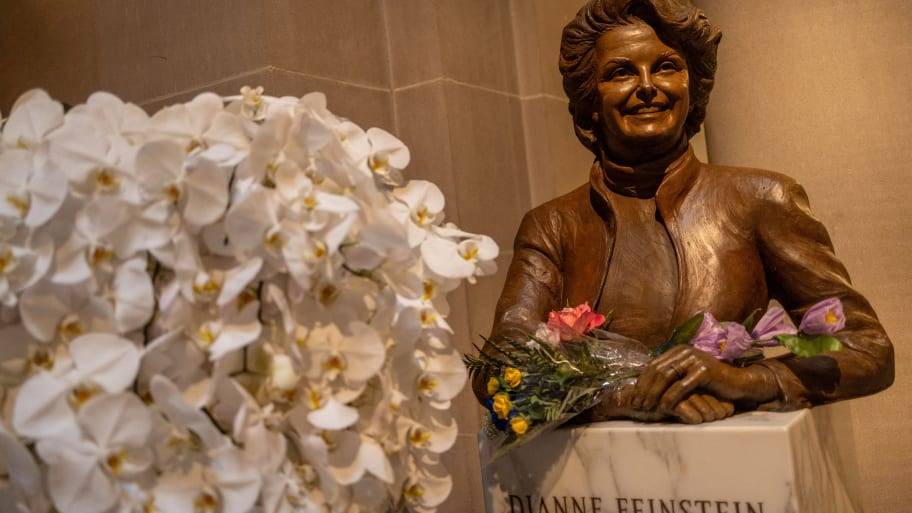 Flowers are seen at a statue of Democratic U.S. Senator for California Dianne Feinstein