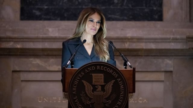 Melania Trump speaks during a Naturalization Ceremony at the National Archives building in Washington, DC