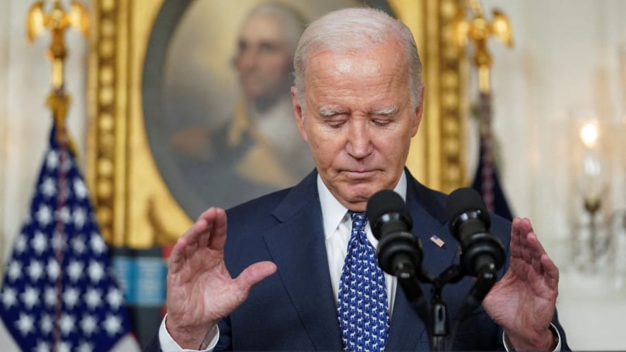 U.S. President Joe Biden gestures as he delivers remarks at the White House.
