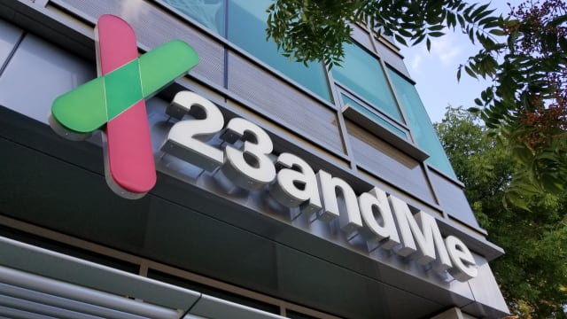 Sign with logo on facade of personal genomics company 23andMe.