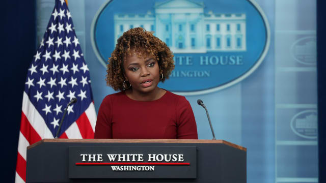 White House Press Secretary Karine Jean-Pierre speaks at a press briefing at the White House on March 12, 2024 in Washington, DC.