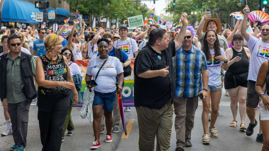 Illinois Gov. J.B. Pritzker a few moments after downing a Jell-O shot at Chiago’s pride parade.