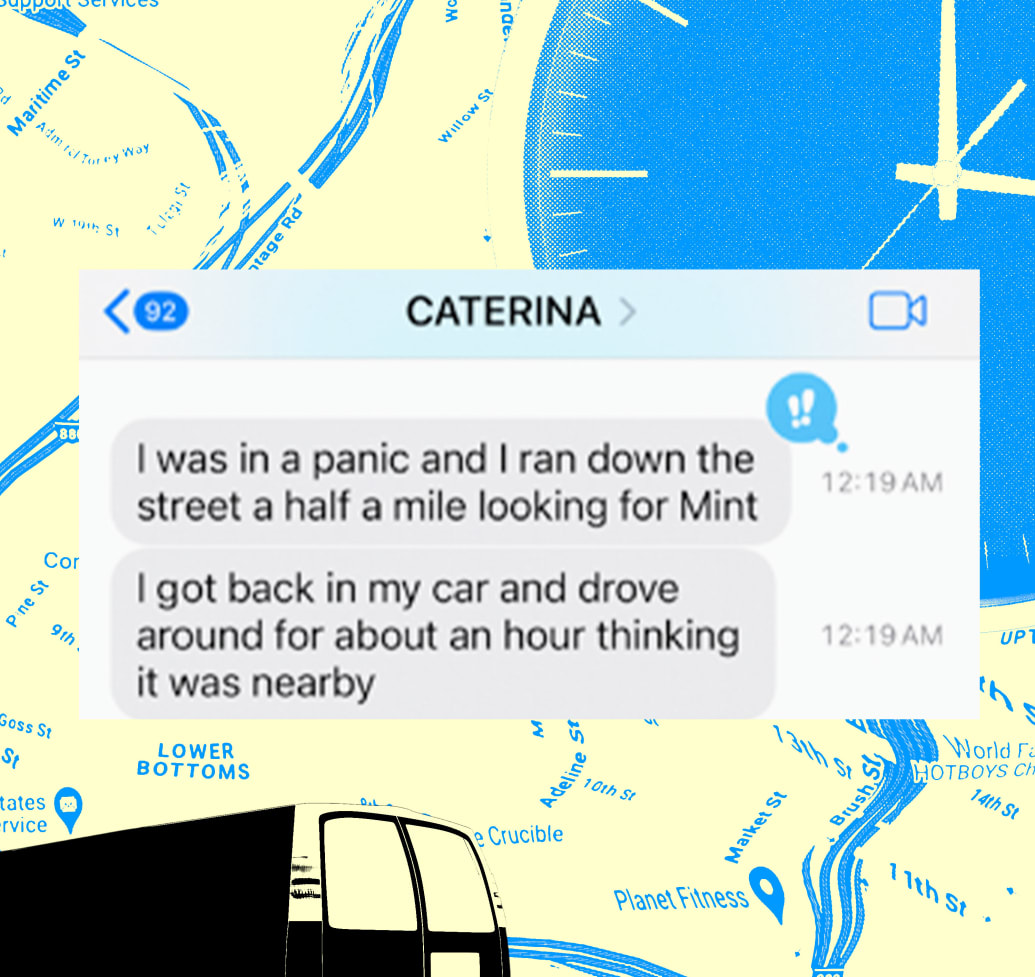 A photo illustration featuring a text message from Caterina Fake.