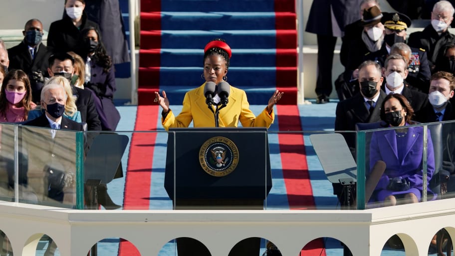 Poet Amanda Gorman reads a poem during the 59th Presidential Inauguration