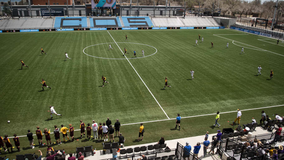 May 1, 2021; Colorado Springs, Colorado, USA; Windsor takes on Denver North in the first half of the class 4A boys soccer state championship at Weidner Field.