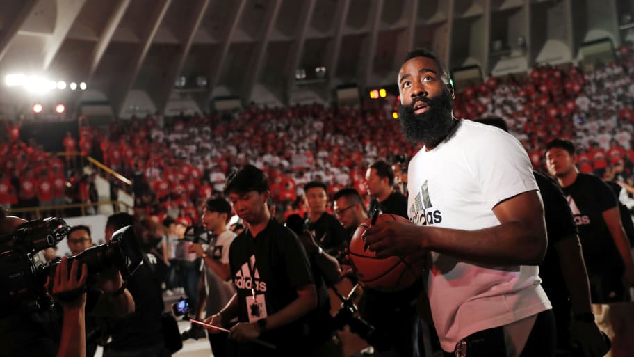 Philadelphia 76ers star James Harden attends a promotional event in Taipei, Taiwan.