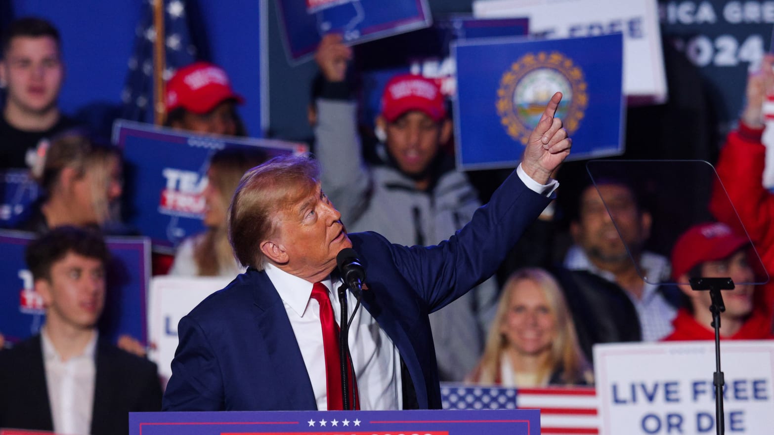 Republican presidential candidate and former U.S. President Donald Trump gestures during a rally in Durham, New Hampshire