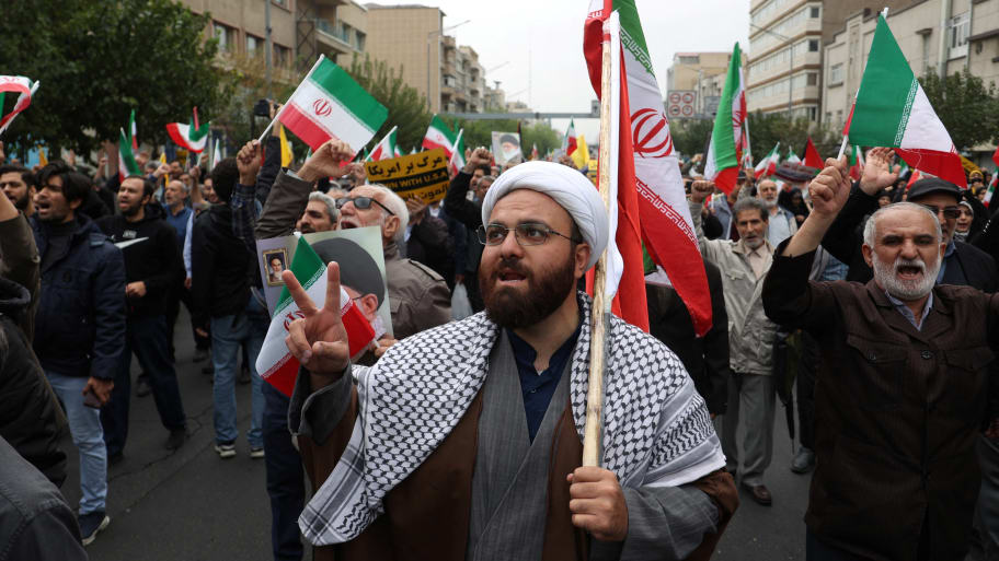An Iranian cleric attends a rally in support of Palestinians, in Tehran, Iran, Oct. 13, 2023.