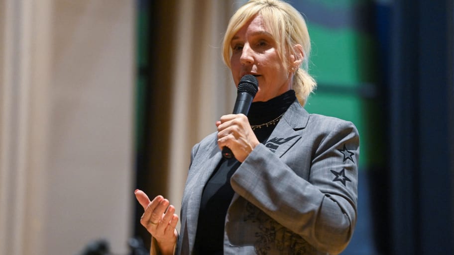 Environmental activist Erin Brockovich speaks during a town hall following the February 3 Norfolk Southern train derailment involving toxic chemicals that were subsequently burnt, in East Palestine, Ohio, U.S., February 24, 2023.