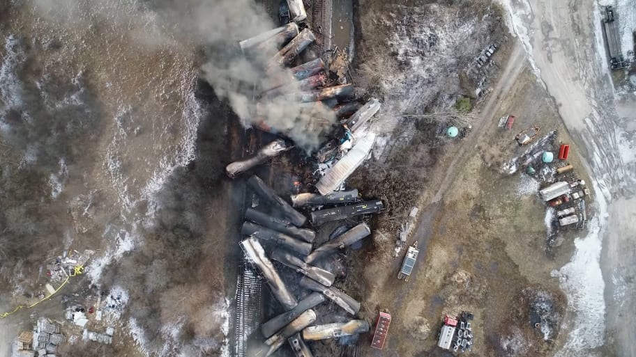 Drone footage shows the freight train derailment in East Palestine, Ohio.