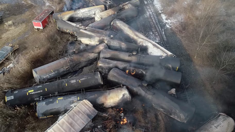 Drone footage shows the freight train derailment in East Palestine, Ohio.