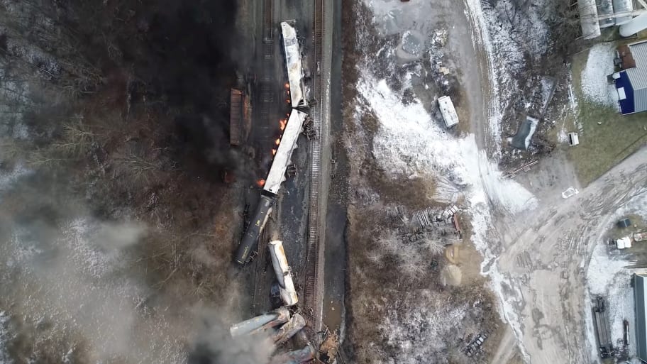 An aerial image of the derailed train in East Palestine, Ohio.