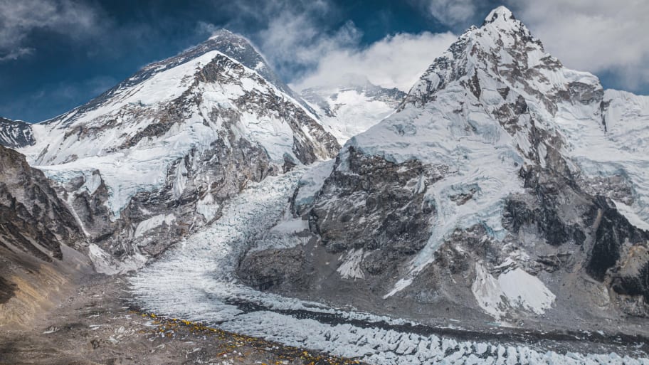 A drone view shows Mount Everest along with Khumbu Glacier and base camp in Nepal, April 30, 2024. 