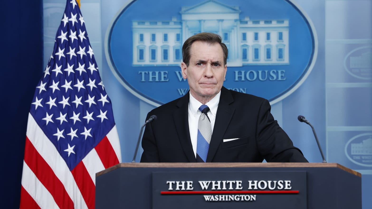 White House National Security Communications Advisor John Kirby spoke about news of Russia's emerging anti-satellite device, in a White House press briefing on Feb. 15, 2023. 