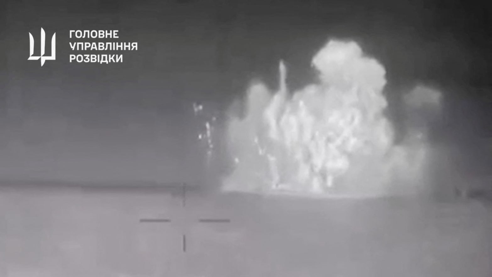 Handout footage shows an explosion on what Ukrainian military intelligence said is the Russian Black Sea Fleet patrol ship Sergei Kotov that was damaged by Ukrainian sea drones.