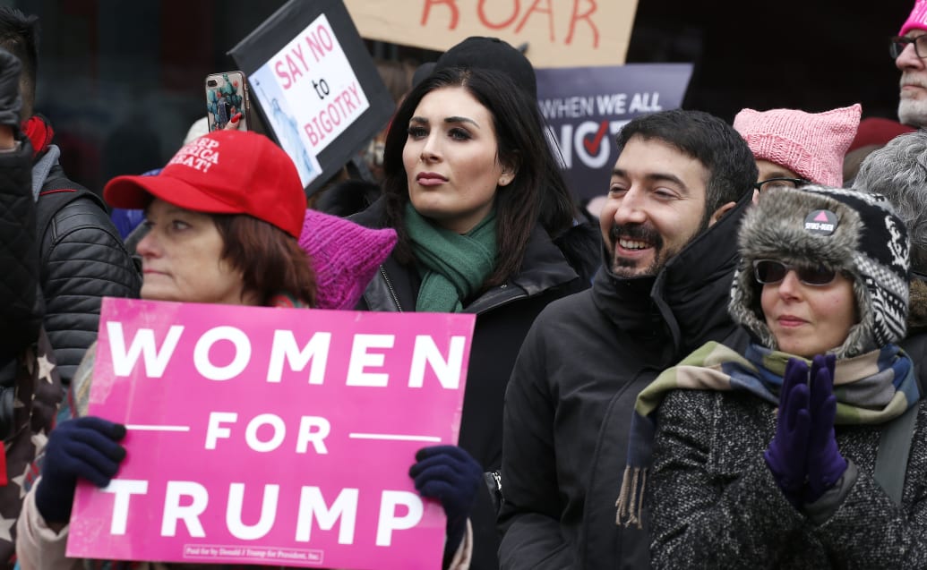 Laura Loomer stands across from the Women's March 2019 in New York City.