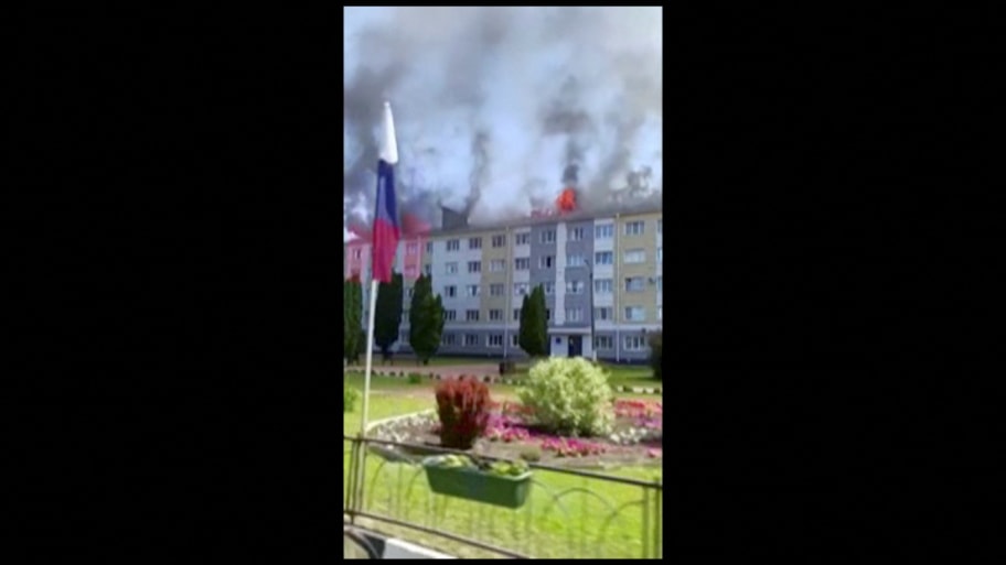 A building on fire following shelling by Ukrainian forces, according to the regional governor, is seen in the town of Shebekino, Belgorod region, Russia, June 1, 2023, in this screengrab from video obtained by Reuters.