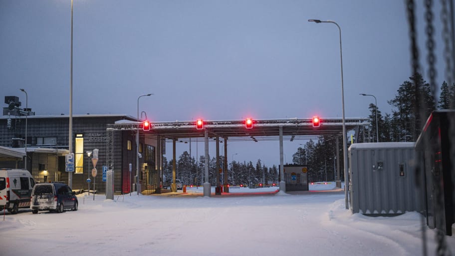 Red lights are seen at the Raja-Jooseppi international border crossing station in Inari, northern Finland