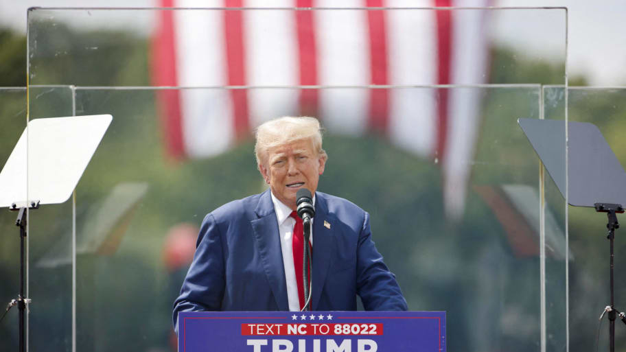 Republican presidential nominee and former President Donald Trump speaks during a campaign rally in Asheboro, North Carolina on August 21, 2024.