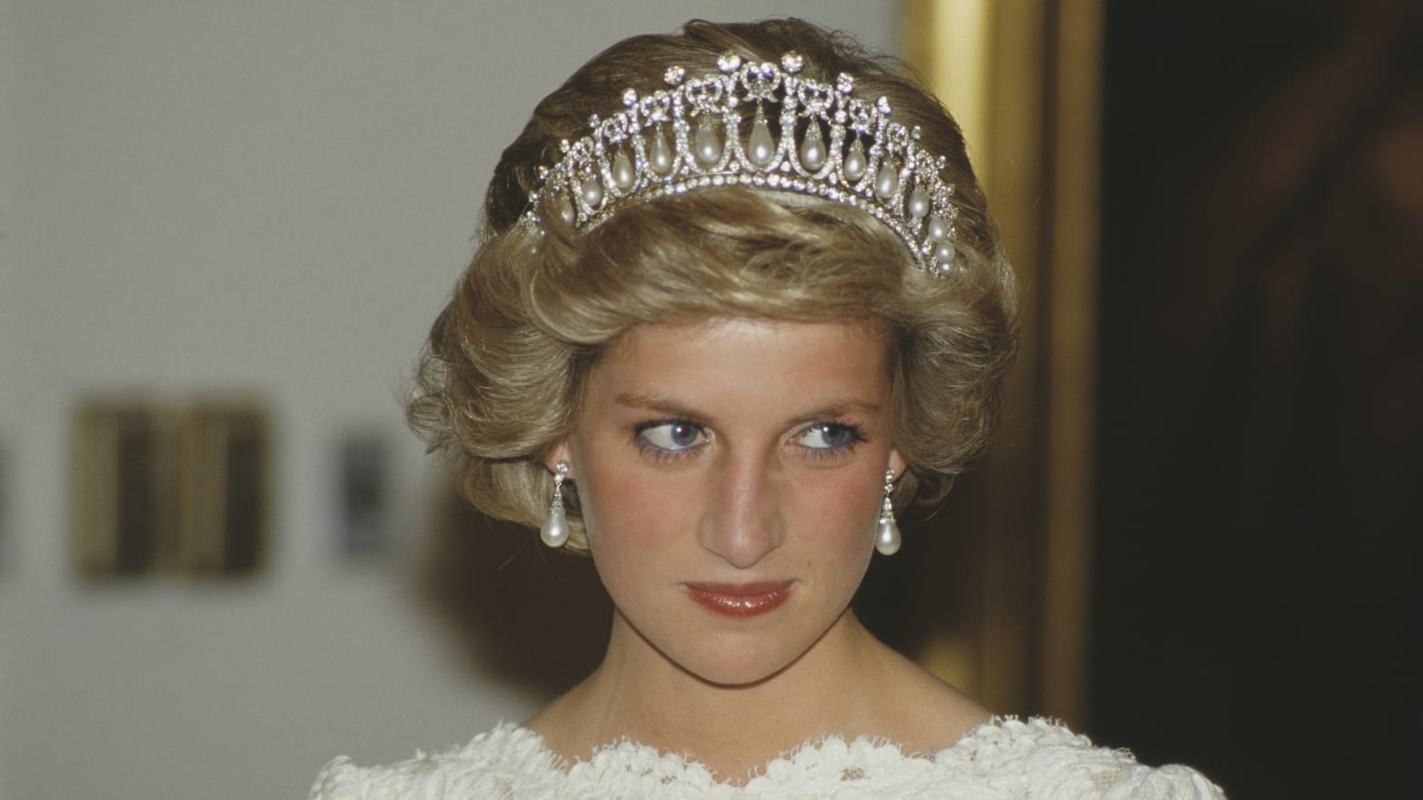 Diana, Princess of Wales, attends a dinner at the British Embassy in Washington, DC, November 1985.