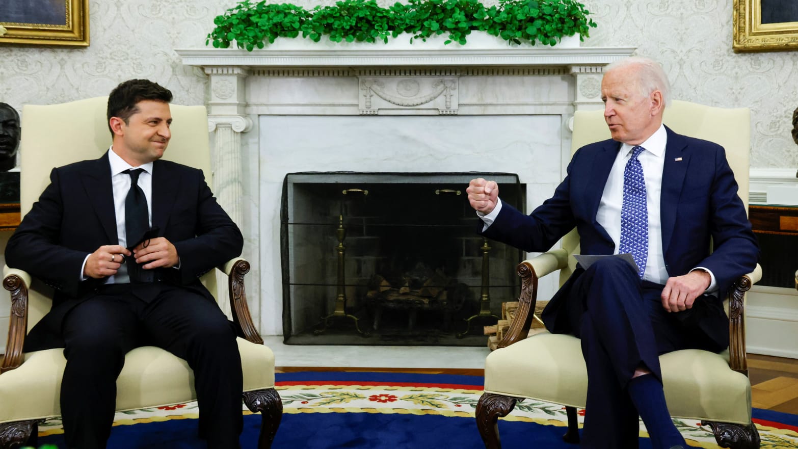 U.S. President Joe Biden gestures as he meets with Ukraine's President Volodymyr Zelenskiy in the Oval Office at the White House in Washington, U.S., September 1, 2021.
