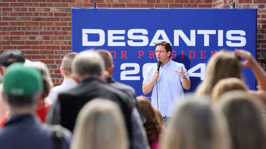 Republican U.S. presidential candidate and Florida Governor Ron DeSantis campaigns during his "Never Back Down" tour ahead of his appearance at the Iowa State Fair.