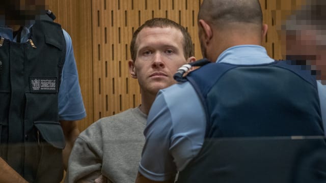 A photo of convicted mass murderer Brenton Tarrant in court.