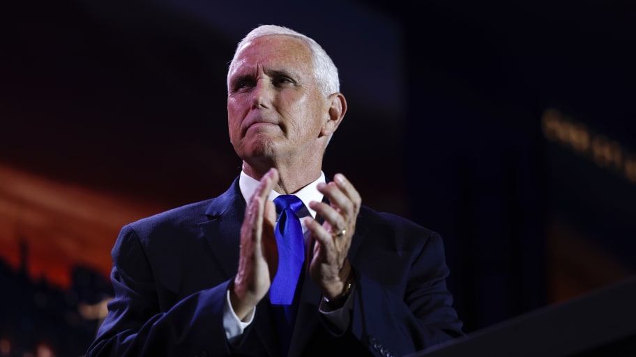 A picture of Republican presidential candidate, former Vice President Mike Pence, whose campaign is reportedly selling merch with a quote from Trump’s latest indictment.