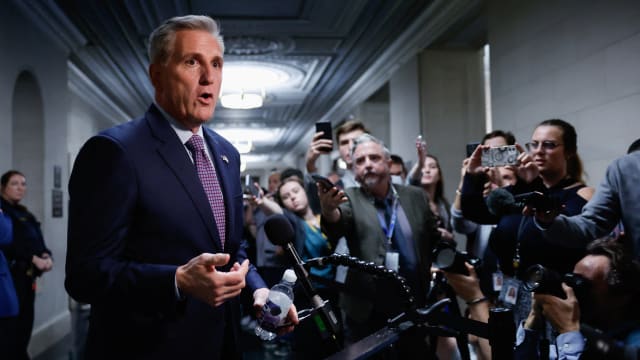 Former Speaker of the House Kevin McCarthy (R-CA) speaks to reporters, after he was ousted from the position of Speaker
