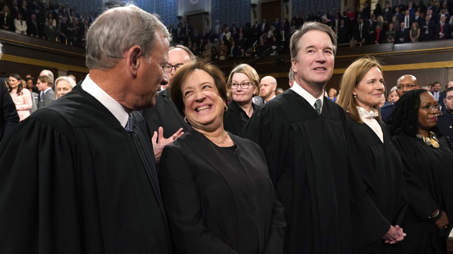 Chief Justice of the United States Supreme Court John Roberts and Justices Elena Kagan, Brett Kavanaugh, Amy Coney Barrett and Ketanji Brown Jackson attend the State of the Union address on February 7, 2023 in Washington, DC.