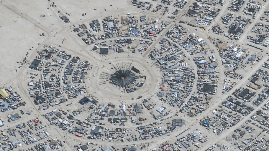 A satellite view shows the center camp during the 2023 Burning Man festival. Attendees of Burning Man were advised Friday to “shelter in place” and save up food and water due to heavy rains in Nevada’s Black Rock Desert.
