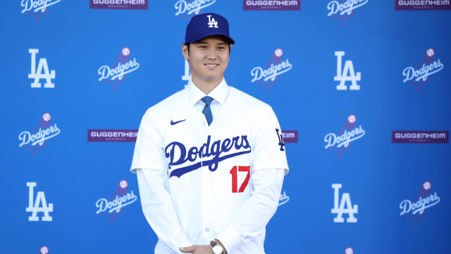 Shohei Ohtani is introduced by the Los Angeles Dodgers at Dodger Stadium on December 14, 2023 in Los Angeles, California. 