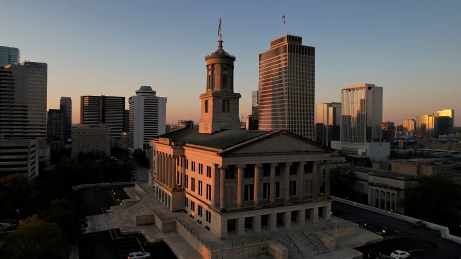 An aerial view of the Tennessee State Capitol building.