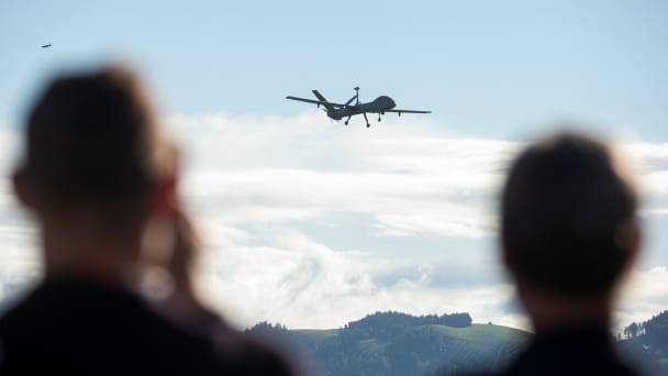 A HERMES 900 HFE drone made by Israeli company Elbit for use in the Swiss reconnaissance system (ADS15) is seen during a certification flight from the Swiss air force base in Emmen, Switzerland September 8, 2022.